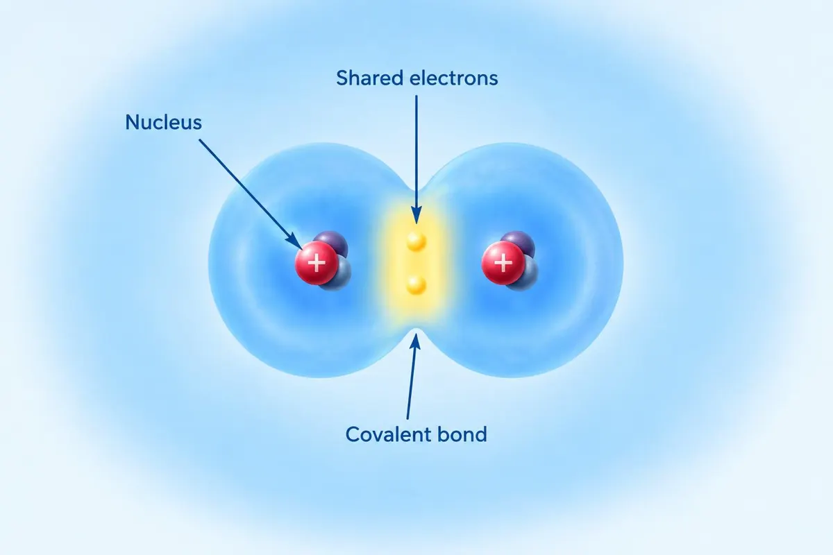 Eddy's picture for what is a chemical bond: two hydrogen atoms, labels Nucleus, Shared electrons and Covalent bond