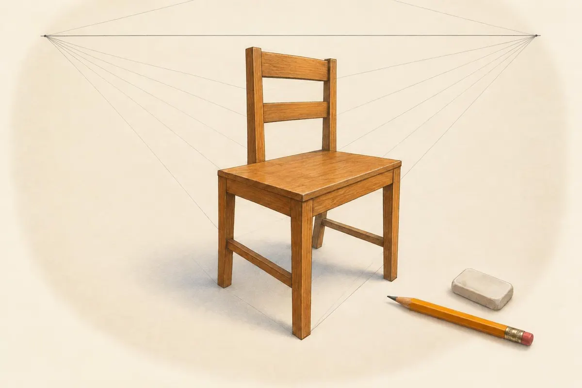 The same chair after Raise the horizon: the horizon line and vanishing points sit higher, so the seat is seen from above