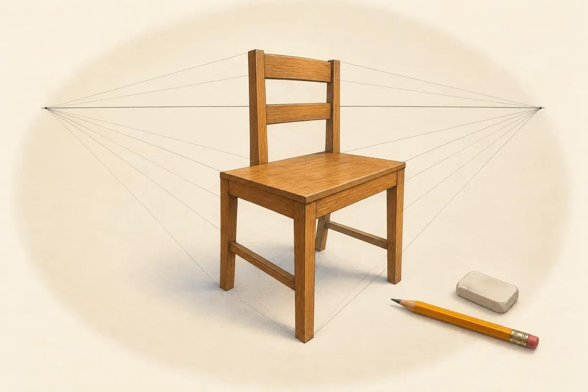 Eddy's picture of a wooden chair in two-point perspective, guide lines running to two vanishing points on a low horizon