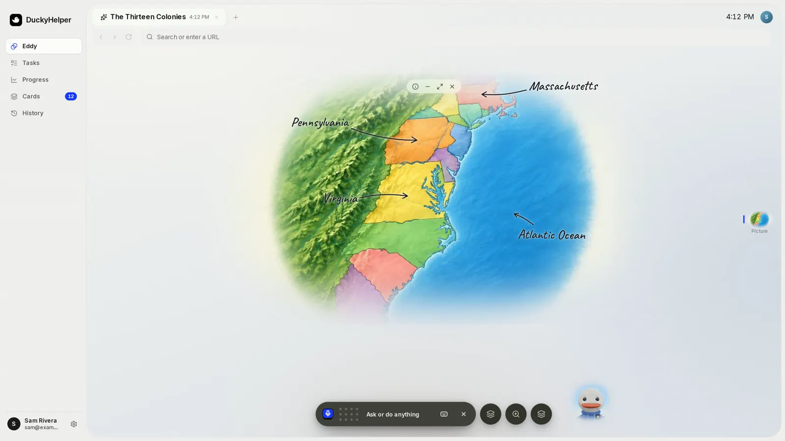 The Eddy tab The Thirteen Colonies: a map picture labelled Massachusetts, Pennsylvania, Virginia and Atlantic Ocean