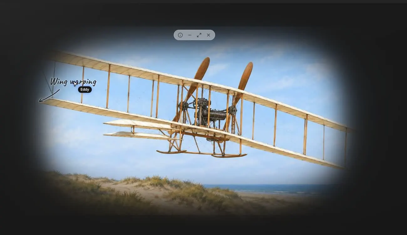 Eddy's picture of the 1903 Wright Flyer over sand dunes, with the label Wing warping drawn by Eddy's pointer