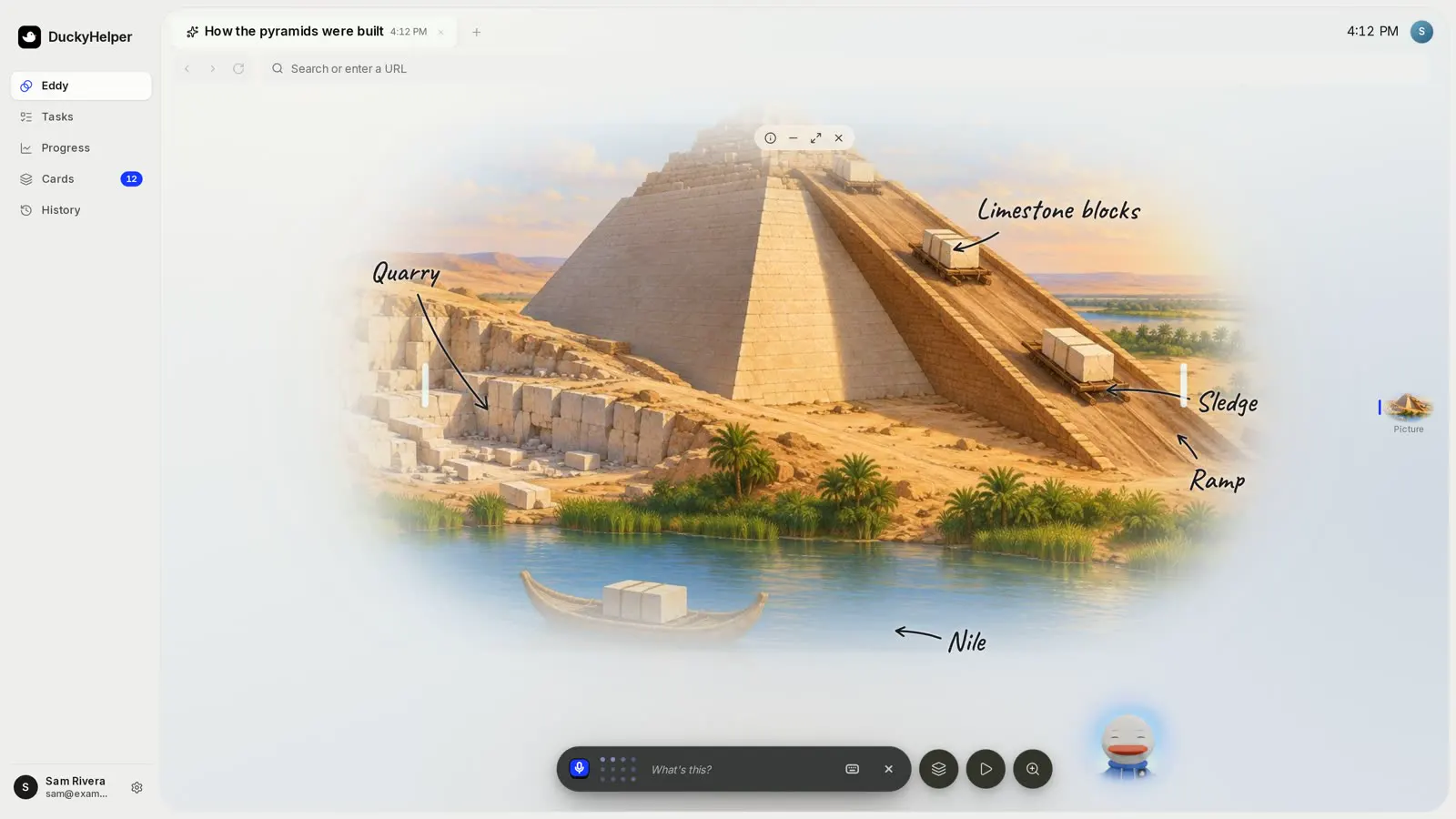 The Eddy tab How the pyramids were built: a picture labelled Quarry, Limestone blocks, Sledge, Ramp and Nile, with the bar and Eddy's avatar