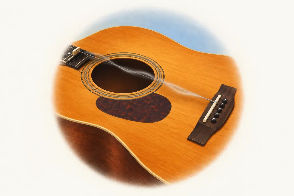 Eddy's picture of an acoustic guitar with one string drawn as a vibrating wave from the neck to the bridge