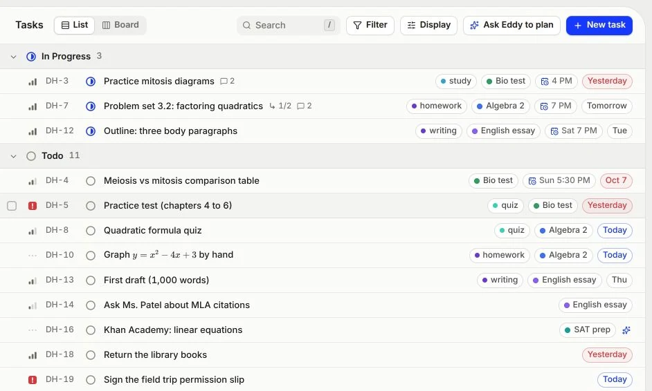 The Tasks page in DuckyHelper with the Ask Eddy to plan button: study tasks for a bio test, Algebra 2 and an English essay, each with a label and a due date