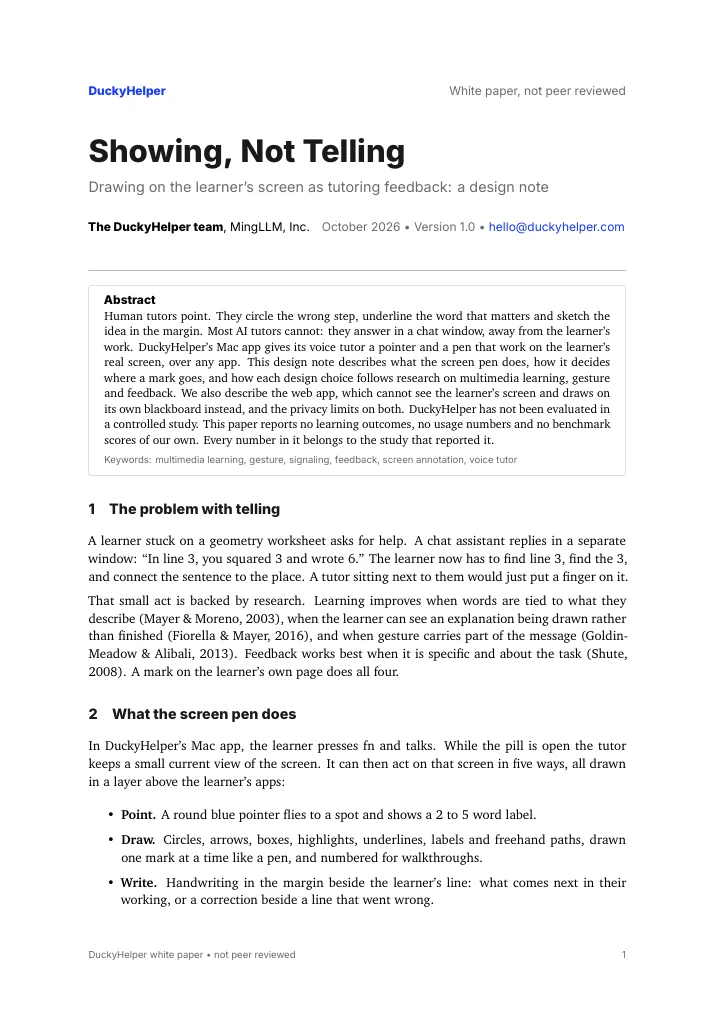 Page one of the white paper Showing, not telling