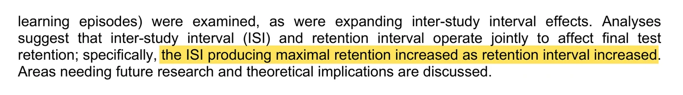 An excerpt of Cepeda et al. 2006 with the sentence about the inter-study interval highlighted.