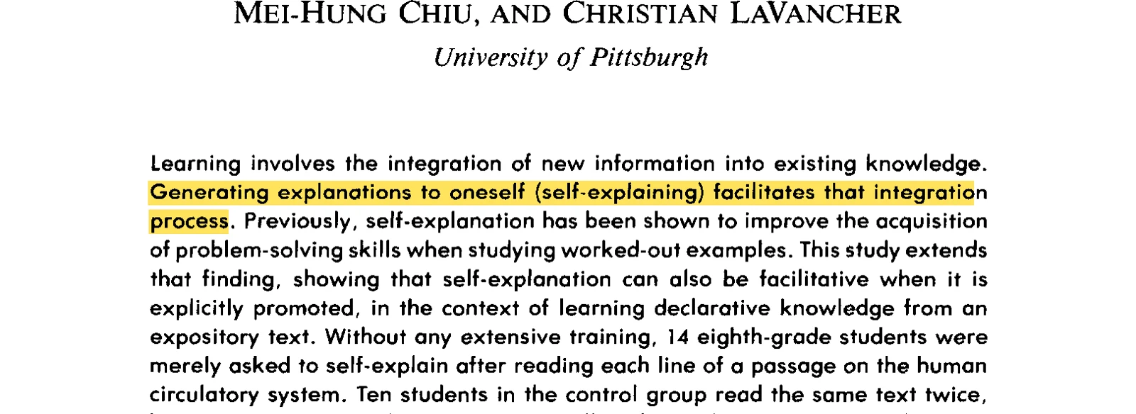 An excerpt of the abstract of Chi et al. 1994 with the sentence about self-explaining highlighted.