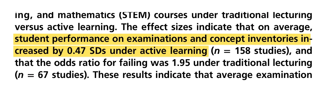 An excerpt of the abstract of Freeman et al. 2014 with the sentence about a 0.47 standard deviation increase highlighted.
