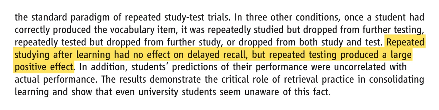 An excerpt of the abstract of Karpicke and Roediger 2008 with the sentence about repeated testing highlighted.