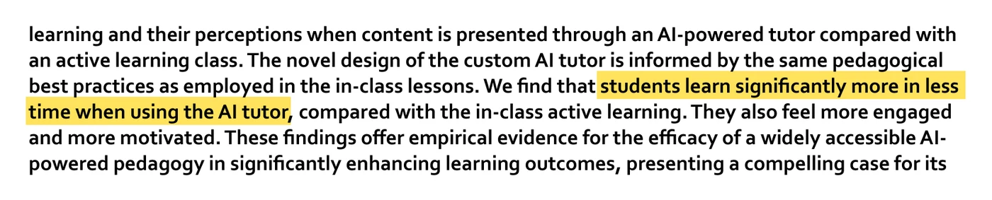 An excerpt of the abstract of Kestin et al. 2025 with the sentence about learning more in less time highlighted.