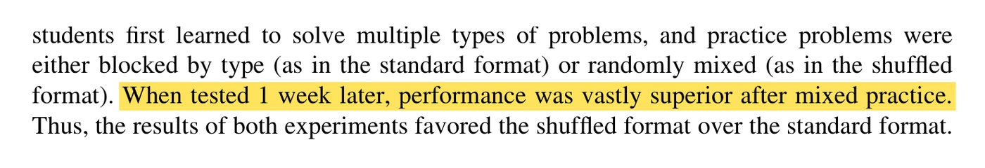 An excerpt of the abstract of Rohrer and Taylor 2007 with the sentence about mixed practice highlighted.