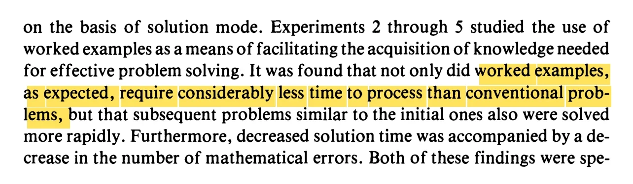 An excerpt of Sweller and Cooper's 1985 article with the line about worked examples highlighted.