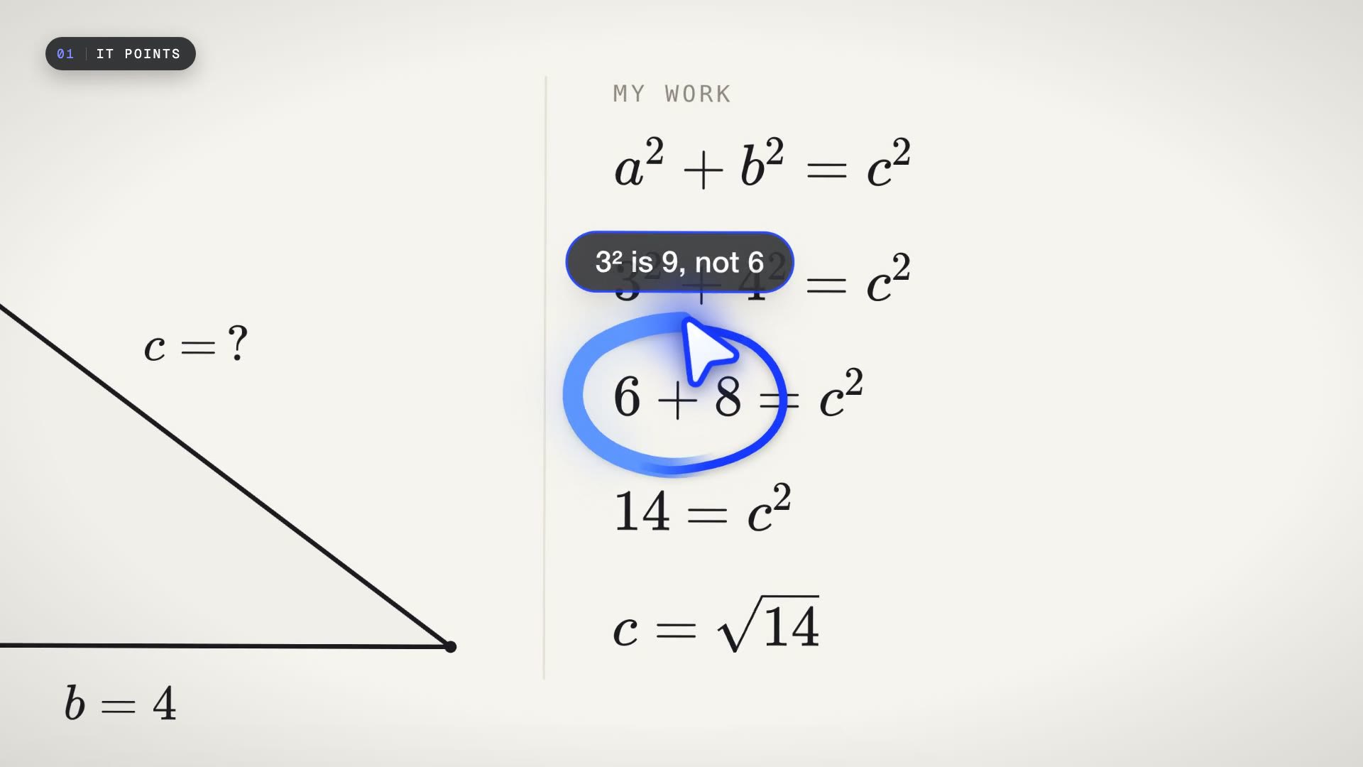 A worksheet with a right triangle; the line 6 + 8 = c² is circled in blue with a label saying 3 squared is 9, not 6.