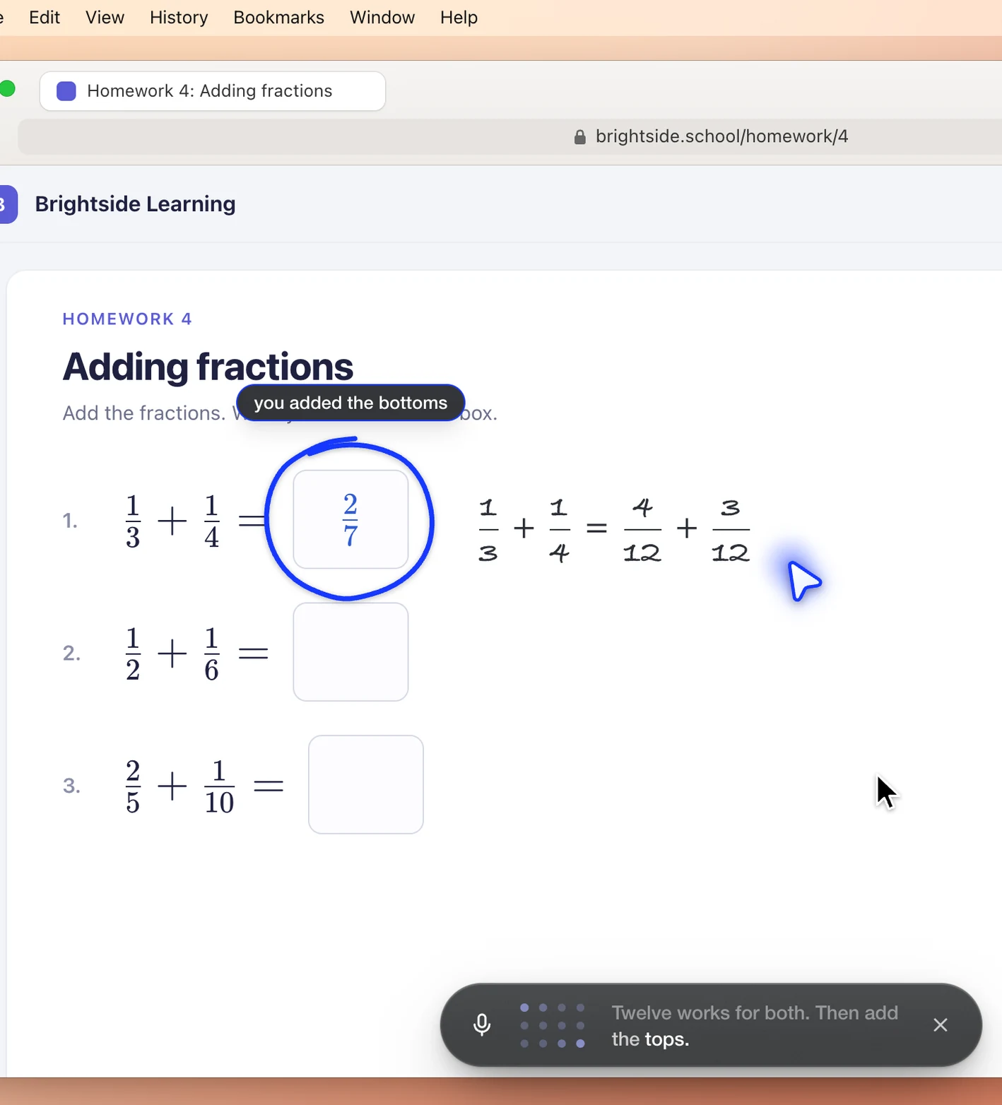 Ducky circles a wrong answer on a fractions homework page and shows the right way to add them
