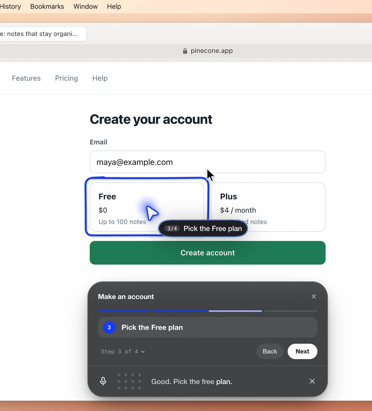 A DuckyHelper tutorial card walking through a sign up form, step 3 of 4: pick the Free plan