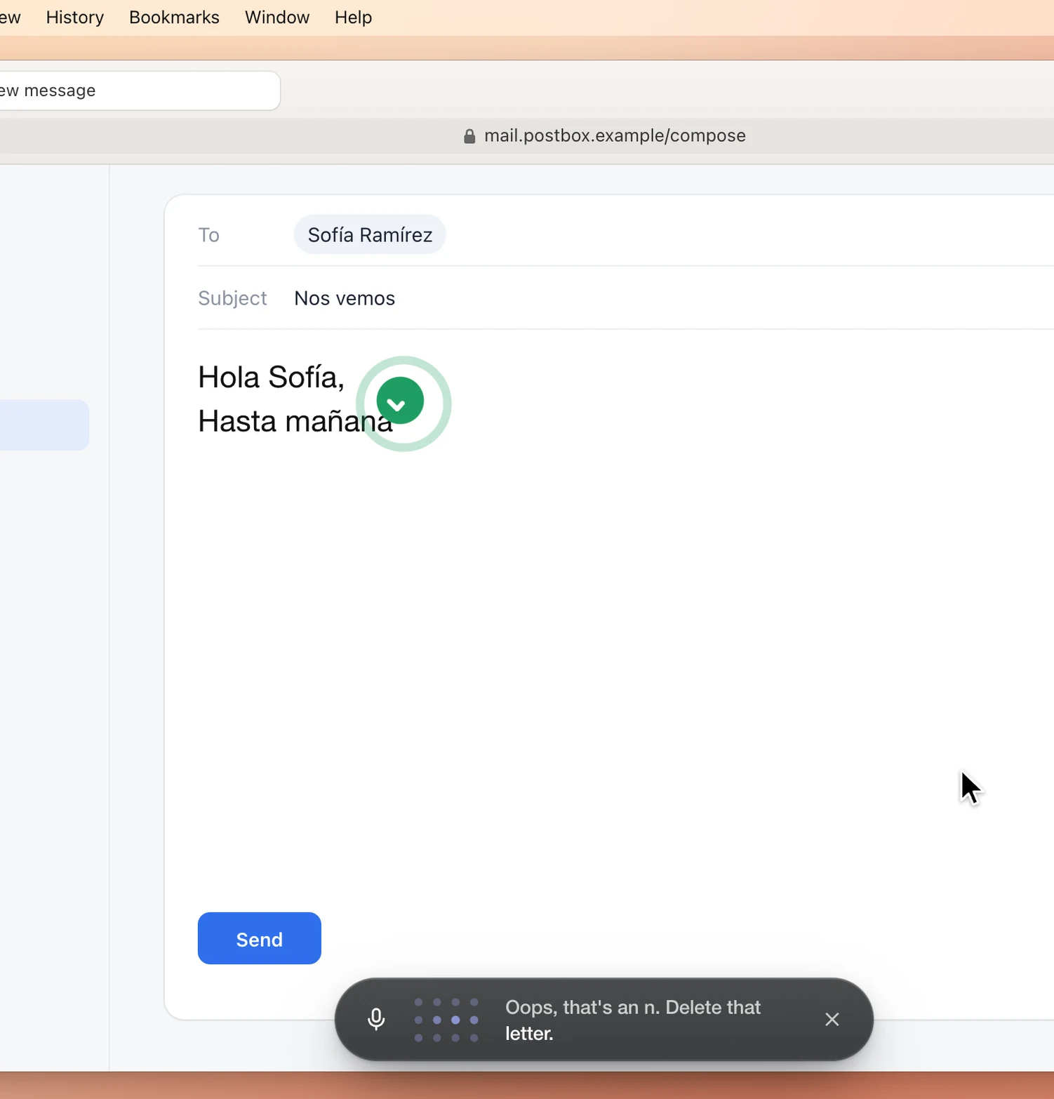 The DuckyHelper typing coach in an email to Sofia written in Spanish, with the pill asking to delete a wrong letter